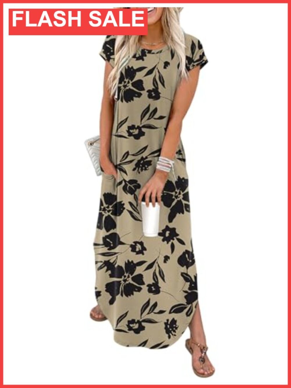 Women's Maxi Dress Cap Sleeve Crewneck Casual with Pockets